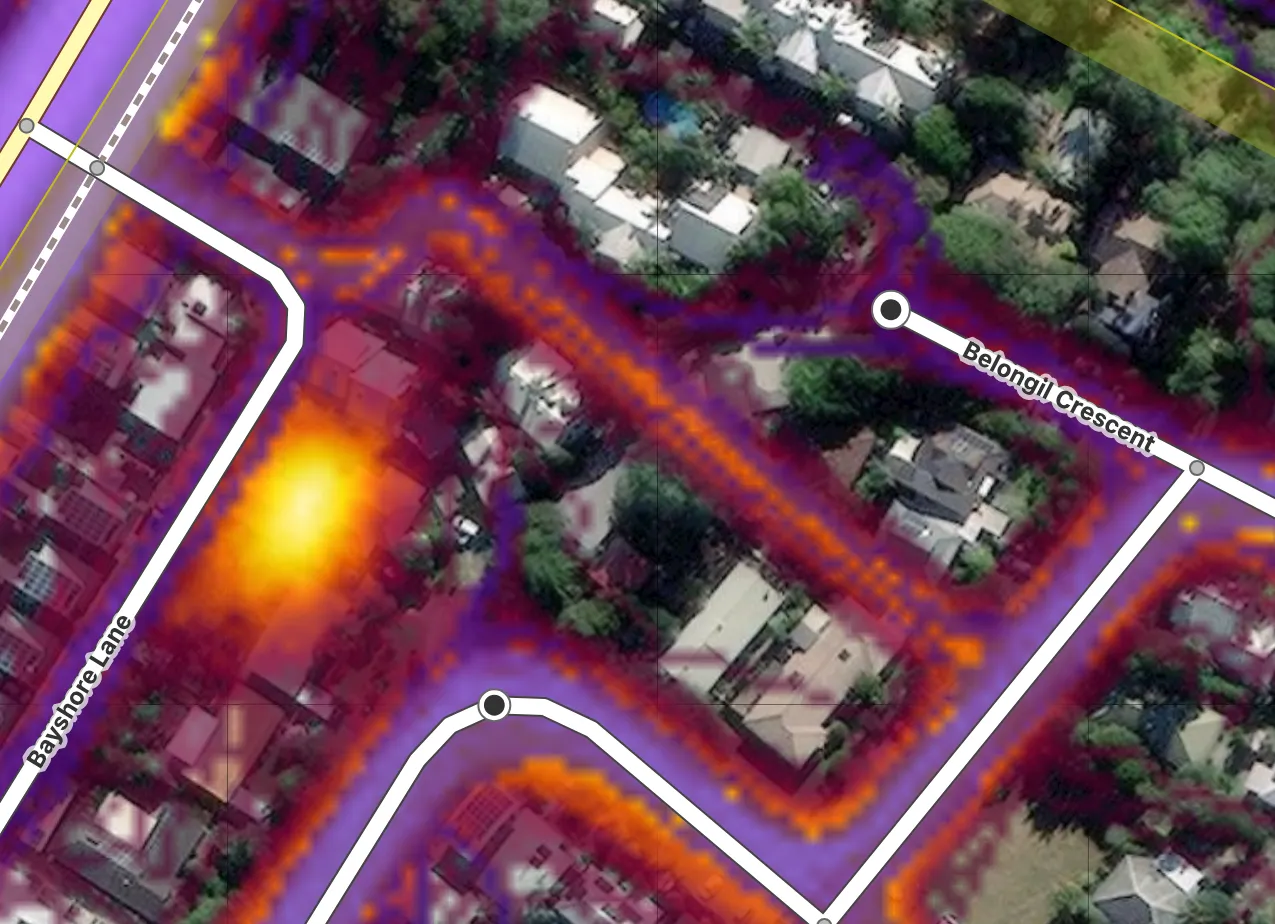 Residential area with a heatmap path going behind buildings