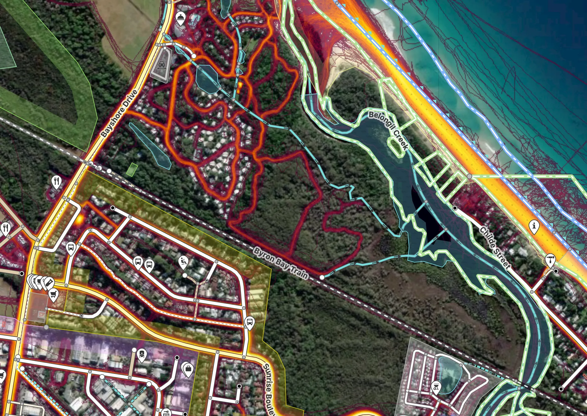 A residential area (aerial image with Strava heatmap and OSM data) that highlights a missing neighborhood