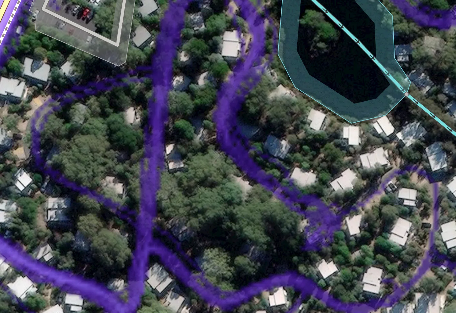 Same residential area with Strava heatmap showing paths through tree cover